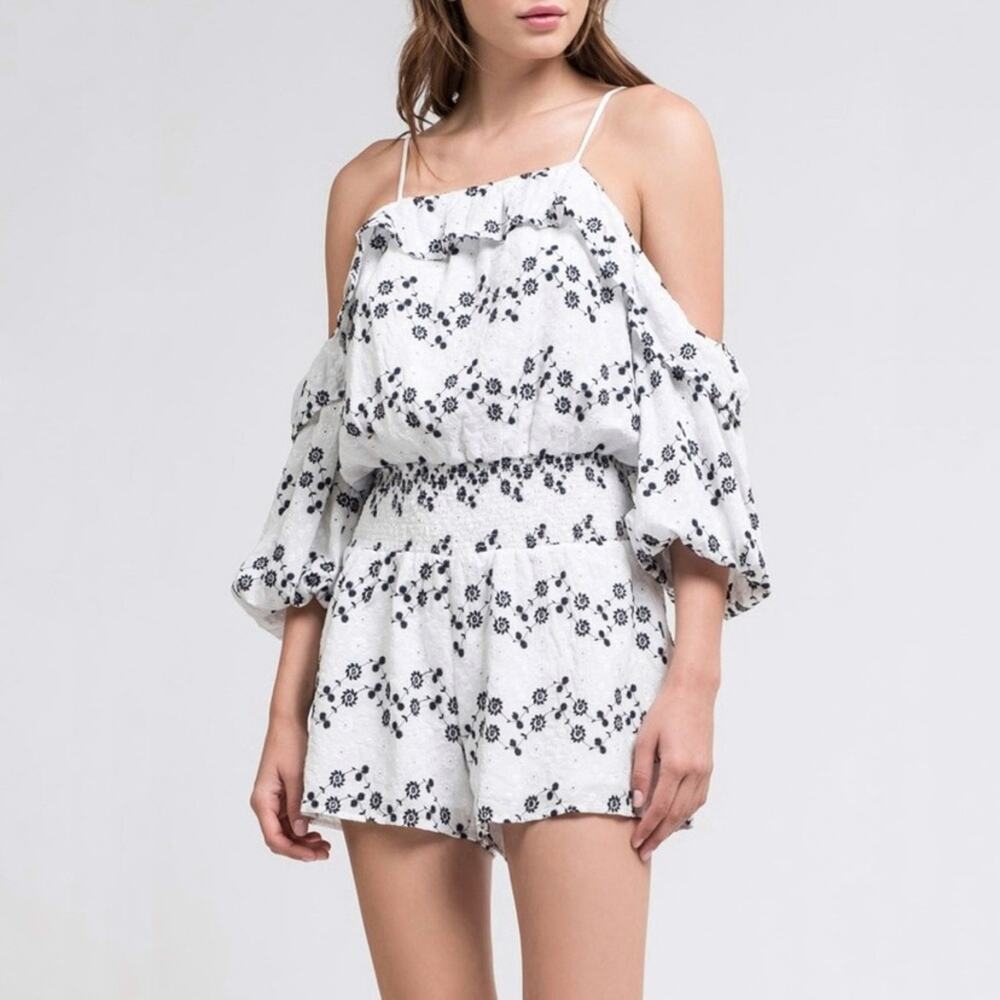 J.O.A Floral Embroidered Eyelet Cold Shoulder Romper size Medium